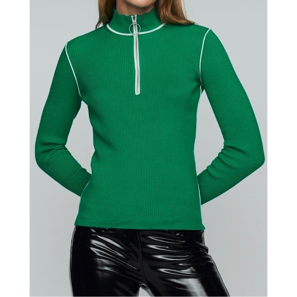 Maje Ribbed Zip Front Cotton Wool Sweater in‎ Green 2 M